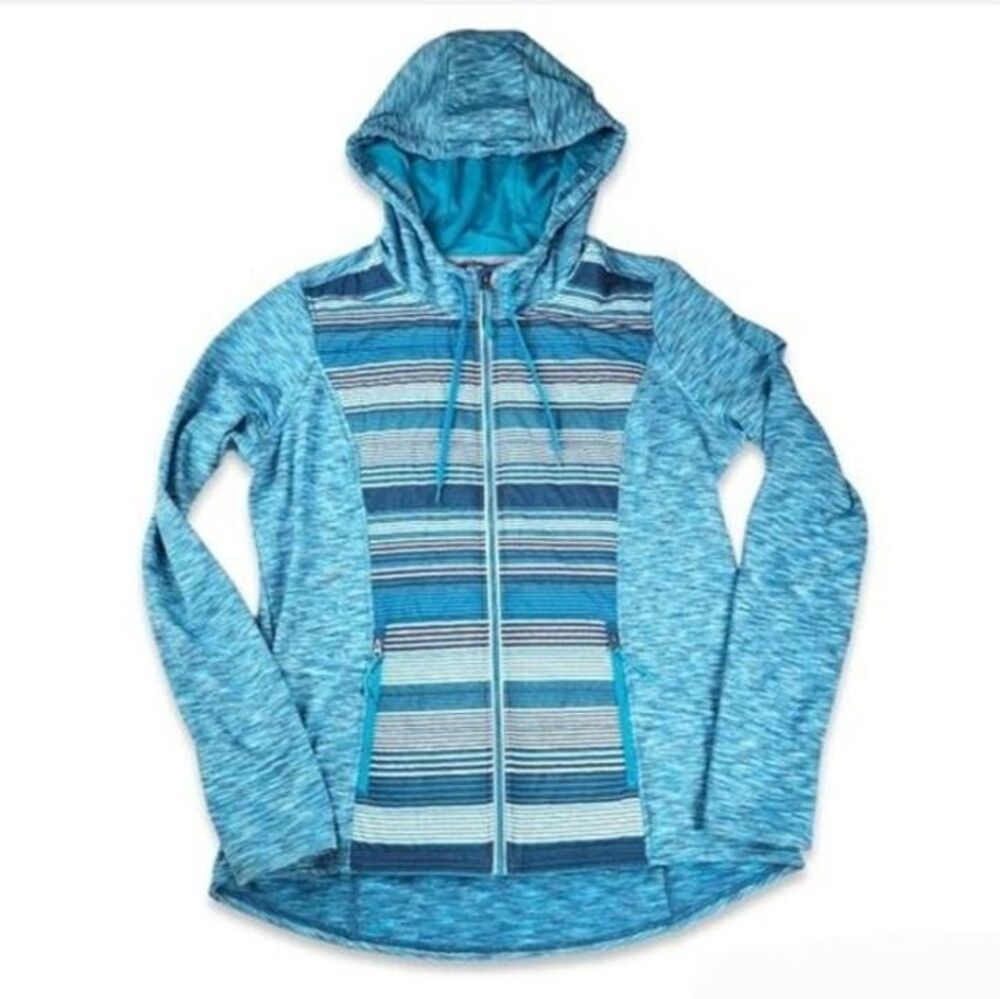 Jockey Zip up Hooded Quilted Jacket Sweatshirt Blue Teal Thumb Holes Size L